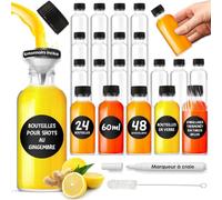 volila Fiole en Verre & Bouchon - 24 x 60 ml Mini Bouteille Verre - Pot Epices Parfait pour Mariage & Décor - 60 ml - Entonnoir Métal, Étiquettes, Feutre Blanc & Brosse de Nettoyage