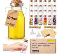 volila Lot de 24 bocaux en verre avec couvercles en liège 100 ml - Petites bouteilles en verre avec bouchon en liège - Mini bouteilles en liège pour loisirs avec étiquettes, entonnoir et ficelle