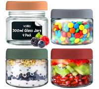 volila Overnight Oats Jar - 10oz / 300ml (lot de 4) Pot Yaourt en Verre avec Couvercle, Etiquettes et Stylo - Bocaux en Verre Hermétiques pour Vinaigrette, Avoine, Céréales et Pot Conservation Bébé
