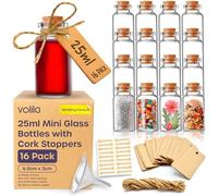 volila Petites Bouteilles en Verre avec Bouchons (25ML x 16 Paquet) Mini Bouteilles en Verre avec Bouchons - Petites Bouteilles avec Couvercles, Étiquettes Artisanales, Ficelle et Entonnoir.