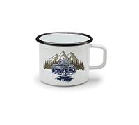 Volkswagen 1H2069601 Tasse en émail blanc VW T1 Heritage « Adventure Awaits » Tasse à café/thé/tasse à café/tasse à thé pour la maison, le bureau, les voyages, le camping - 500 ml