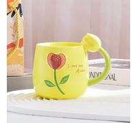 VollfitYYu Tasse à café mignonne - Motif tulipe - Avec anse en 3D - 400 ml - En porcelaine - Pour femmes, amateurs de fleurs, filles, Noël, fête des mères, anniversaire (jaune)