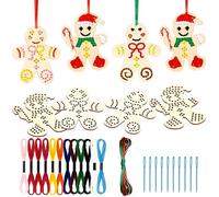 Volumoon 10 PCS Kits de Point de Croix en Bois pour Ornements d'Arbre de Noël, Décorations à Suspendre, Artisanat pour Débutants (Bonhomme en Pain d'Épice)