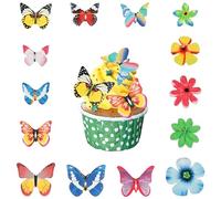 Volumoon 100 Pièces Papillon Comestibles en Papier Riz Comestible, Décorations Comestible en Forme de Fleurs pour Cupcakes, Papillons et Fleurs Cupcake Toppers Décoratifs pour la Décoration de Gâteau