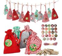 Volumoon 24Pièces Calendrier de Noël Sac en Jute,Sac Cadeau de Noël à Cordon Pochette Cadeau,Sachets Calendrier de l'Avent Noël,avec Autocollants,Clips Bois et Cordon Jute,pour la décoration de Noël