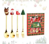 Volumoon Couverts de Table Noël, Couverts en Acier Inoxydable Dorés 6 Pièces, Cuillères à Café de Noël, Cuillères à Dessert et Fourchettes Set pour Cadeau de Noël, Or (Style Noël-2)