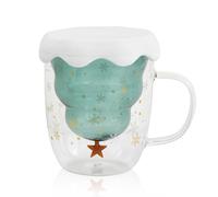 volumoon Double Paroi Coupe en Verre, Tasse de Noël, Sapin de Noël Tasses Isolant, Verre à Thé avec Poignée, Verre Thermiques avec Couvercle, Mug à Latte, Cadeau de Noël pour Femmes, Hommes