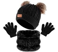 volumoon Ensemble Bonnet Écharpe Gant, Ensemble Bonnet Echarpe Enfant, Tricotés Tour de Cou Enfant avec Doublure Polaire,Bonnet Chauds Écharpe Gant Ensemble,Hiver Accessoires pour Garçon,Fille (Noir)