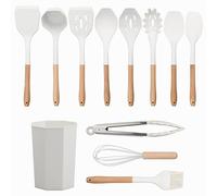 Volumoon Lot de 12 Ustensiles de Cuisine en Silicone Résistants à la Chaleur, Ensemble de Spatules Antiadhésive avec Poignée en Bois, Ustensile Cuisine avec Porte-Ustensiles (Blanc)