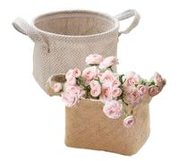 volumoon Lot de 2 paniers de rangement en jute et coton et lin,Coton Lin Panier de Rangement Sac, Boîte de Rangement Pliable en Lin, avec poignée pour maquillage, clés, petits objets