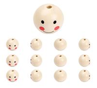 Volumoon Perles en Bois Naturel 25mm - 50 Boules Rondes avec Trou, Smiley pour la Fabrication de Bijoux et Bracelets