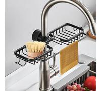 volumoon Porte Eponge Evier Cuisine, Organisateur d'évier en Acier Inoxydable, Range Eponge Evier, Rangement Evier Cuisine avec Porte-Serviettes, Support Eponge Evier Cuisine, 37 x 14 cm (Noir)