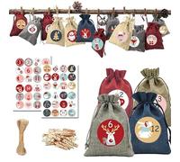 Volumoon Sac Calendrier de L'avent à Remplir, Calendrier de l'Avent en Tissu 14x10cm, 48 Autocollants, 24 Pince en Bois, Corde de Chanvre 10m, Sacs Surprise Noël Cadeau Decoration Noel Enfant Cadeau
