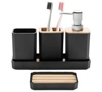 Volumoon Set de 5 pièces pour Salle de Bain en Bambou,Set de Salle de Bain avec Porte-Brosse à Dents, Distributeur de Savon, Porte Brosse à Dents, gobelet à Dents, Porte-Savon et Plateau (Noir)