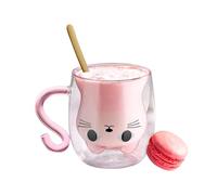 Volumoon Tasse Chat Double Paroi en Verre - Thé, Latte, Cappuccino - Avec Poignée - Pour Femmes, Amoureux des Chats, Maison, Anniversaire - 300ML (Rose)