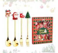 Volumoon Vaisselle de Noël, lot de 4 cuillères et fourchettes de Noël, cuillères à café en acier inoxydable, cuillère à mélangeur, cuillère à café, fourchettes à dessert, fourchettes à fruits