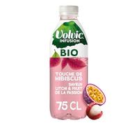 VOLVIC - Eau Plate Aromatisée Hibiscus Litchi Passion Bio Infusion | Saveurs Gourmandes | Idéale pour se désaltérer | la bouteille de 75cL | LOT DE 6