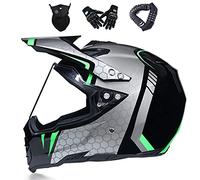VOMI Casque de Motocross Set Adultes Casque BMX Unisexe avec Gants, Masque et Serrure de Casque, 4 Pièces, Casques Moto Cross Enfants avec Visière, Casque VTT pour Quad Enduro Scooter,Vert,S
