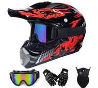 VOMI Casque Moto Cross Enfant Rouge Noir, Full Face Moto Off-Road Helmet Cross Helm avec Lunettes Gants Masque, VTT BMX Motocross Sécurité Sport Extérieure (M 54-55CM)