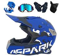 VOMI Casque Motocross Adulte Bleu, Integral Casque Moto Cross Casque VTT Accessoire Casque Crochet Goggle Gant Masque Equipement Moto Convient pour Montagne VTT, Monstre Autocollant (L 56-57)