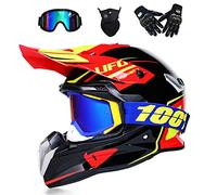 VOMI® Moto Motocross Casques, Casque Cross Off Road Intégral Parasol, Gants, Lunettes, Masque, D. O. T Standard Enfants Quad Bike VTT Go Karting Rouge,Laiton,XL