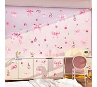 Vomika 48PCS Autocollants muraux roses en forme de nœud, autocollants muraux aquarelle Coquette Cherry, décoration murale rose pâle en forme de nœud, papier peint vinyle Bowtie Fruit pour la