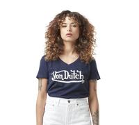 Von Dutch Tee Shirt Femme 100% Coton, T-Shirt Femme Slub, Regular Fit & Col V, Bleu, Blanc, Taille XS