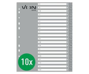 VON Leitz 12290085 Lot de 10 intercalaires alphabétiques de A à Z, A4, en carton polypropylène, extra larges, 11 trous, pour classeurs et classeurs à anneaux, intercalaires alphabétiques, gris