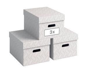 VON Leitz 61410001 Lot de 3 boîtes de rangement avec couvercle, 15 l, moyen, 100% carton recy esign géométrique, pour l'école, l'étude et la maison, blanc, 3 pièces