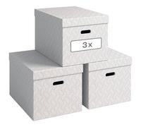 VON Leitz 61420001 Lot de 3 boîtes de rangement avec couvercle, 46 l, extra large, 100% carton recyclé, design géométrique, pour l'école, les études et la maison, blanc, 3 pièces