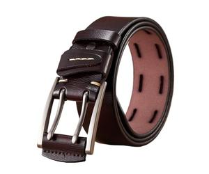 VONCYKI Ceintures en cuir véritable for hommes, 4CM, sangle de marque, boucle à Double ardillon, fantaisie, Vintage, Cowboy, Jeans ceinture en cuir(125cm,Coffee)