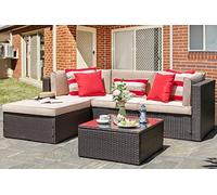 Vongrasig Lot de 5 meubles de patio en osier PE marron résistant aux intempéries, petit ensemble de conversation pour jardin/terrasse avec ottoman, table en verre, oreiller rouge, beige