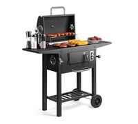 VonHaus Barbecue au Charbon - Barbecue avec Grille Chauffante, Hauteur Réglable, Thermomètre - Portable, Bac à Cendres, Étagère, 2 Tables Latérales Pliables, Roues - Viande, Poisson & Légumes