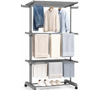 Vonia Étendoir Linge Intérieur Pliable, Tancarville 3 Niveaux 30 m, Gris | Séchoir à linge en tour sur roulettes, crochets pour cintres, 72 x 50 x 172 cm, aluminium, balcon, buanderie