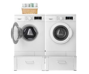 Vonia Meuble Machine à Laver et Sèche Linge, Socle Double Tiroirs, Blanc | Charge 200 kg, 127 x 54 x 31 cm, acier, pieds antidérapants, rangement lessive, buanderie, compatible toutes marques