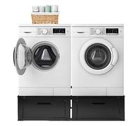 Vonia Meuble Machine à Laver et Sèche-Linge, Support 200 kg, Tiroirs, Noir | Socle rehausseur universel 127 x 54 x 31 cm, acier, rangement buanderie, réduit les vibrations, montage facile