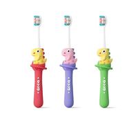 Vonmerie Dino Lot de 3 brosses à dents pour enfants | Brosse à dents dinosaure amusante | Poils souples, pour filles et garçons de 7 à 12 ans (violet, vert, rouge, tête à ultrasons)