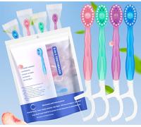 Vonmerie Lot de 12 Brosses à Dents de Voyage 5 en 1 Jetables - Mini Brosse avec Dentifrice, Gratte-Langue, Cure-Dent et Fil Dentaire, Soin Buccal Sans Rinçage pour Adultes(Mélange)
