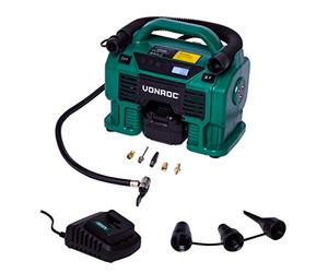 VONROC Compresseur à batterie 20V VPower et prise allume-cigare 12V VPower - 11 bar - Batterie 4.0Ah, chargeur - 5 adaptateurs, 2 anneaux de réductions et valve inclus
