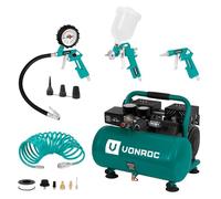 VONROC Compresseur silencieux 6L - 750 W, 57,5 dB - Sans huile - Ensemble complet avec gonfleur, pistolet à air, pistolet pulvérisateur et tuyau 5 m - Raccord rapide Euro Quick Release