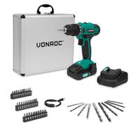 VONROC Perceuse sans fil 20V - 19 réglages + mode perçage - Batterie 2.0Ah, chargeur et 46 accessoires inclus dans une mallette premium