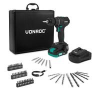 VONROC Perceuse visseuse PRO 20 V sans balais | 40 Nm, 2 vitesses, 17 + 1 réglages | avec batterie 2,0 Ah, chargeur rapide, 46 accessoires et mallette en aluminium | Modèle CD511DC