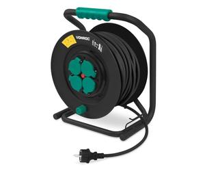 VONROC PRO Enrouleur de câble 50 m - IP44 - Câble néoprène H07RN-F 3x1,5 mm² - 4 prises Schuko avec mise à la terre - 3000 W (déroulé) / 1100 W (enroulé) - Noyau fixe - Protection thermique
