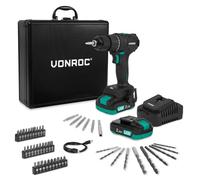 VONROC PRO Perceuse sans fil 20 V - 40 Nm - Moteur sans balais - 17 réglages de couple + mode perceuse - Avec 2 batteries 2,0 Ah, chargeur et 46 accessoires dans un coffret haut de gamme