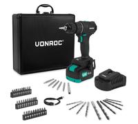 VONROC PRO Perceuse sans fil 20 V - 40 Nm - Moteur sans balais - 17 réglages de couple + mode perceuse - Avec batterie 4,0 Ah, chargeur et 46 accessoires dans un coffret haut de gamme