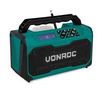 VONROC Radio de Chantier sans Fil 20V - Bluetooth, FM, USB, Haut Parleur, Enceinte - Port Bass-Reflex - Gamme de Fréquences Radio : 87,5 à 108MHz - Batterie & Chargeur Non Inclus