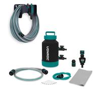 VONROC Set Adoucisseur d’Eau Portable + Tuyau d’Arrosage 20m - Nettoyage Sans Calcaire pour Voiture, Vitres, Panneaux Solaires - Régénération Facile au Sel, Débitmètre, Raccords & Porte-Tuyau Inclus