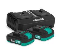 VONROC VPower 20V Kit de Démarrage - 2 Batteries Lithium-ION 2.0Ah + Chargeur Double Rapide | Compatible Multi-Outils | Idéal pour Bricolage Intensif et Projets Longue Durée