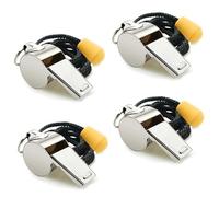 Vonsera Sifflet Arbitre en Acier Inoxydable, Pack de 4 Sifflets avec Cordon, Sifflet de Survie Ultra Sonore (130 DB), pour Sports, Entraînement Chien, Urgence, Enfant & Adulte (Argenté)