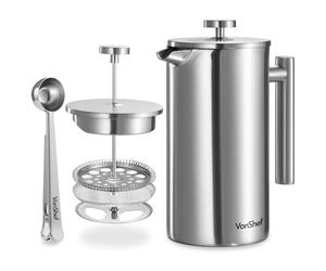 VonShef Cafetière à Piston - French Press en Acier Inoxydable - Cafetière à Piston avec Filtre Lavable, Cuillère Doseuse/Pince de Fermeture de Sachet - Pour 12 Tasses, 1,5 L